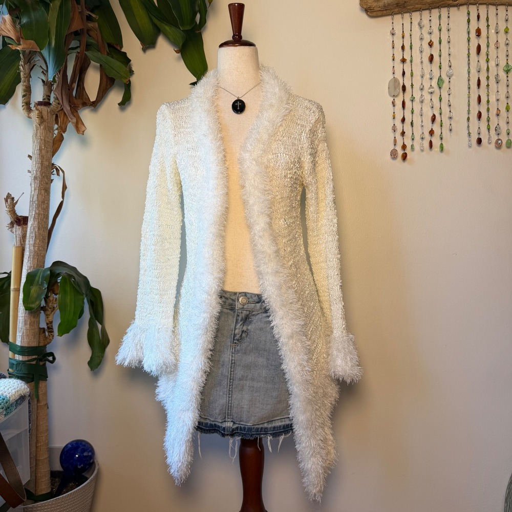 Feline White Eyelash Fur Trim Long Cardigan Y2K Mcbling Coquette Cottage Boho S